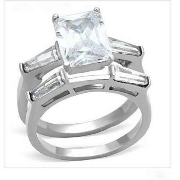 Princess Cut Engagement Wedding Ring Set Size 9 10 CZ Silver Rhodium Plated - Picture 4 of 12